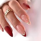 Cosblisvia 24 Uñas Postizas para Pegar Almendra Rojas French Tip Uñas Adhesivas Estrella Dorada para Mujeres Chicas Principiantes Fiesta Boda (Rojo)