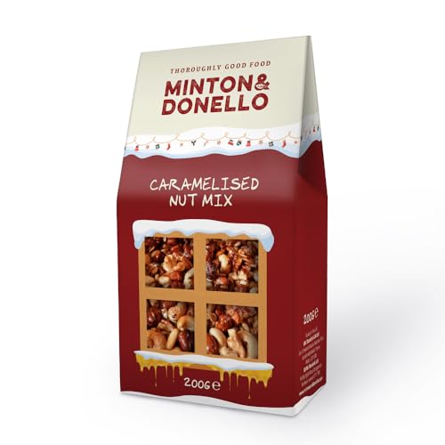 Minton & Donello 200g Caramelised Nut Box 200g - Assorted Roasted Nuts in Crunchy Caramel Glaze, Sweet and Savoury Snack Mix for Sharing, Desserts and Grazing Boards