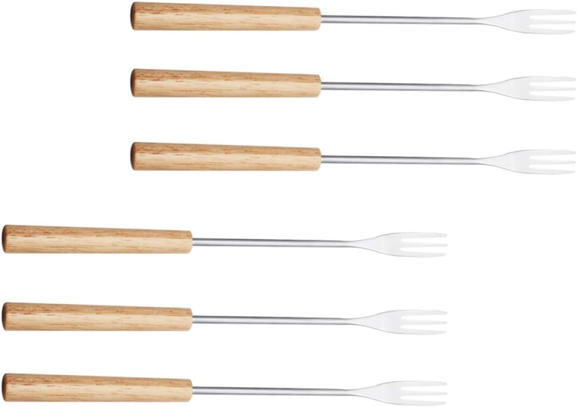 Healifty 6-pcs Stainless Steel Fondue Dipping Forks with Wooden Handles for Chocolate Fountain, Fruit, Ice Cream, and Grill – Household Specialty Fondue Pot Set