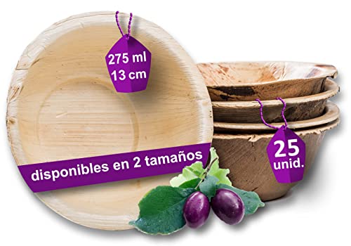 Waipur Hoja de Palma Cuencos Ecológicos - 25 Cuencos Desechables 13 cm/ 275 ml - Vajilla Desechable Elegante de Primera...