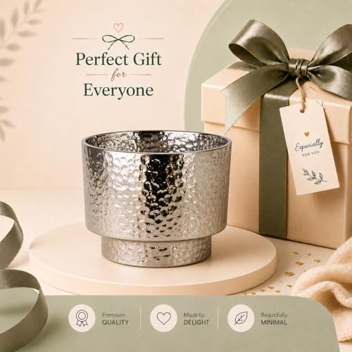 Image of Xtore Striking Textured Ceramic Planter Pot | Sculpted Metallic Silver Finish with Contemporary Appeal for Living Room, Desk & Tabletop Decor (Pack of 1,Planter Only)