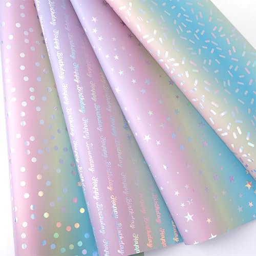 FeinKulturia Geschenkpapier Geburtstag 43 x 300cm, 4 Rollen Glänzende Regenbogenfolie Geschenkpapierrolle Kinder Erwachsene Wrapping Paper für Weihnachten, Hochzeiten, Valentinstag, Party Geschenk