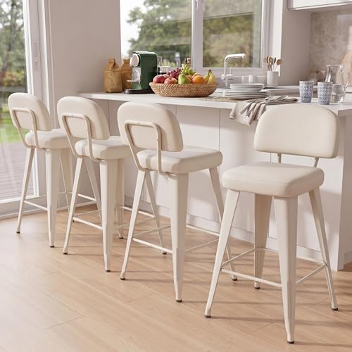 Image of Yongchuang 24 inch Bar Stools Set of 4, PU Leather Modern Counter Height Stools with Back Upholstered Kitchen Island Bar Chairs with Metal Legs Grayish White