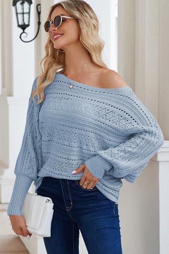 Image of Cakulo Womens Off Shoulder Crochet Sweater Top 2025 Fall Fashion Batwing Long Sleeve Sweaters Outfits Blue XL