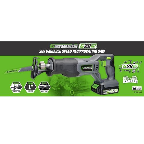 Genesis G20MAX 20V Reciprocating Saw Variable-Speed with 2.0Ah Battery & Charger, 1" Stroke Length, Tool-less Blade Clamp (GLRS20B) thumbnail 2