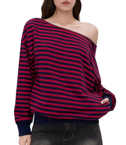 OMKAGI Off the Shoulder Tops for Women Long Sleeve Oversized Sweatshirt with Pockets(L,437-Red & Black Striped)