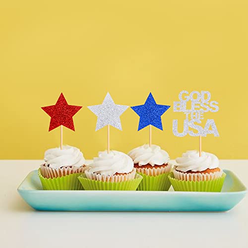 Cyodoos Pack Of 24 God Bless The Usa With Stars Cupcake Toppers Independence Day Cupcake Toppers 4Th Of July Patriotic Cupcake Picks Toothpicks Decorations For Independence Day Party Supplies #TOP6