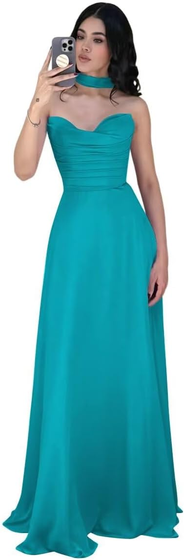 Yexinbridal Strapless Bridesmaid Dresses Scarf Chiffon Long Formal Wedding Evening Party Gowns for Women