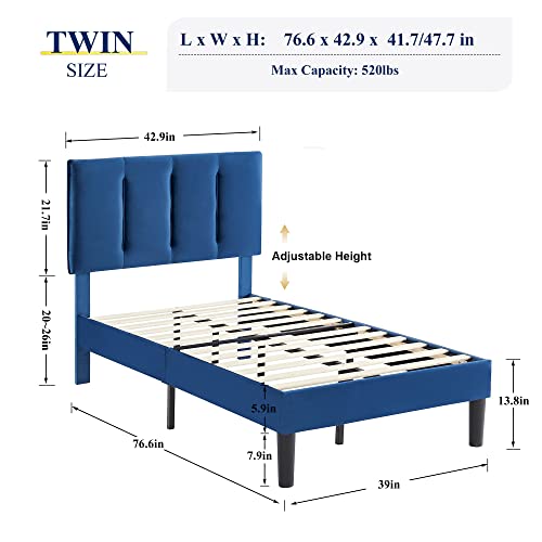 Vecelo Twin Size Bed Frame, Upholstered Platform Bedframe, Adjustable Headboard, Wood Slat Support, No Box Spring Needed, Easy Assembly, Blue #TOP1