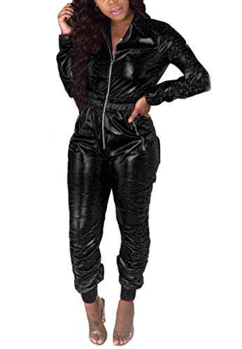 Bluewolfsea Womens Sexy Liquid Wet Look Shiny Metallic Zipper Bodycon Jumpsuit Romper Pants Party Clubwear Small Black