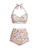 Holipick Orange Floral Printe Women High Waisted Bikini Set Two Piece Swimsuit Tummy Control Bathing Suit Vintage Halter Swimwear M