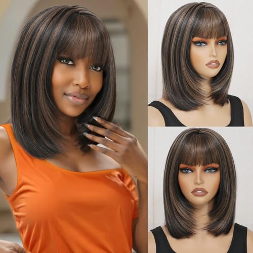 meiliprotea Short Brown Bob Wigs for Black Women, Highlight Brown Layered Cut Bob Wig with Bangs 14 Inch Shoulder Length Straight Bob Wigs Glueless Synthetic for Women Daily Party Christmas (14in)