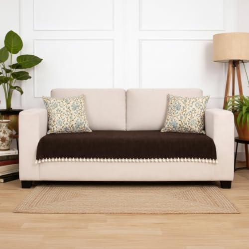Image of HOMEMONDE 2 Seater Sofa Cover with Tassels |Soft, Durable & Textured Chenille Fabric with Tassels | Sofa Cover Mats for Living Room, Bedroom, Drawing Room & Office (76 X 122 CM, Brown)