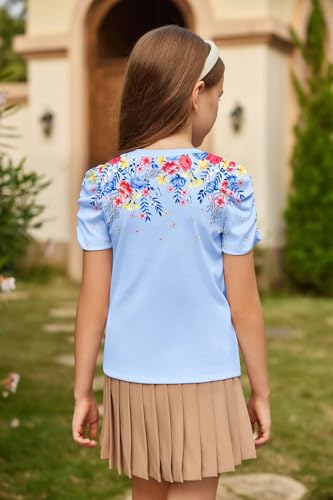 Image of Arshiner Girls Puff Short Sleeve Shirts Summer Ribbed Knit Crewneck T Shirt Tops Tee Blouse