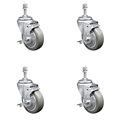 Stainless Steel Polyurethane Swivel Threaded Stem Caster Set of 4 w/4" x 1.25" Gray Wheels and 3/8" Stems - Includes 4 with Top Lock Brakes - 1400 lbs Total Capacity - Service Caster Brand -  SCC-SSTS20S414-PPUB-TLB-381615-4