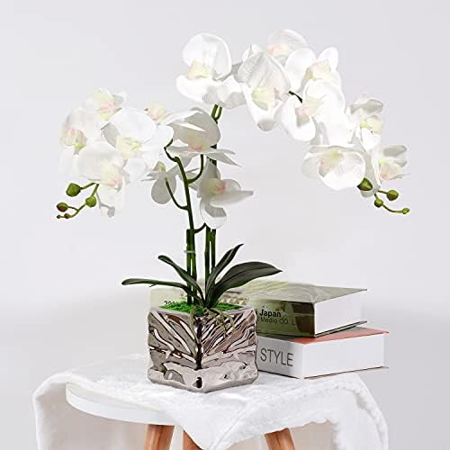 Artificial Orchid White Orchid Plant Artificial Flowers Real Touch Fake Orchid Fake Bonsai With Silver Ceramic Vase Artificial Potted Plant For Home Bedroom Kitchen Bathroom Table Decoration