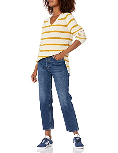 Goodthreads Women's Cotton Shaker Stitch Deep V-Neck Sweater, Oatmeal/Gold, Stripe, Large #TOP3