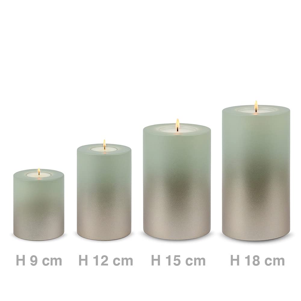 Qult Farluce Trend – świecznik na podgrzewacze w kształcie świecy • LEVI • Christmas Collection • świece adwentowe • świece bożonarodzeniowe • świece (zestaw 4 szt. – 2 x Ø 10 / wys. 15 cm + 2 x Ø 10 / wys. 18 cm, Desert Sage / Cream Gold)