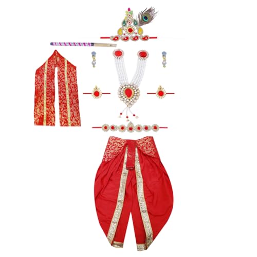 Image of Krishna Dress for Kids - FancyDress for Boys & Girls | Bal Krishna with Mukut, Flute & Accessories (Set of 10)| Janmashtami