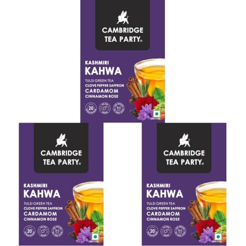 Image of Cambridge Tea Party Kashmiri Kahwa 30 Tea Bags, Saffron Almond Cardamom Clove Pepper Cinnamon Rose Tulsi Green Tea, 75 grams, kashmiri kahwa (Pack of 3)