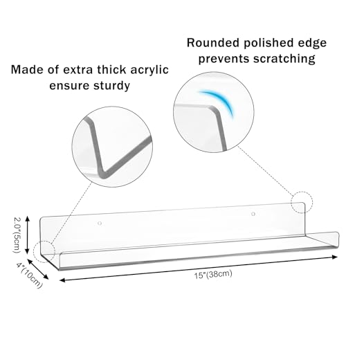 CECOLIC 4 Pack Clear Acrylic Floating Shelves for Wall, 15'' Plastic Wall Mounted Display Shelf Bookshelf and Spice Organizer for Bedroom, Living Room, Kitchen, Bathroom, Office - Cosy Home Interiors CECOLIC 4 Pack Clear Acrylic Floating Shelves for Wall, 15'' Plastic Wall Mounted Display Shelf Bookshelf and Spice Organizer for Bedroom, Living Room, Kitchen, Bathroom, Office - Image 3