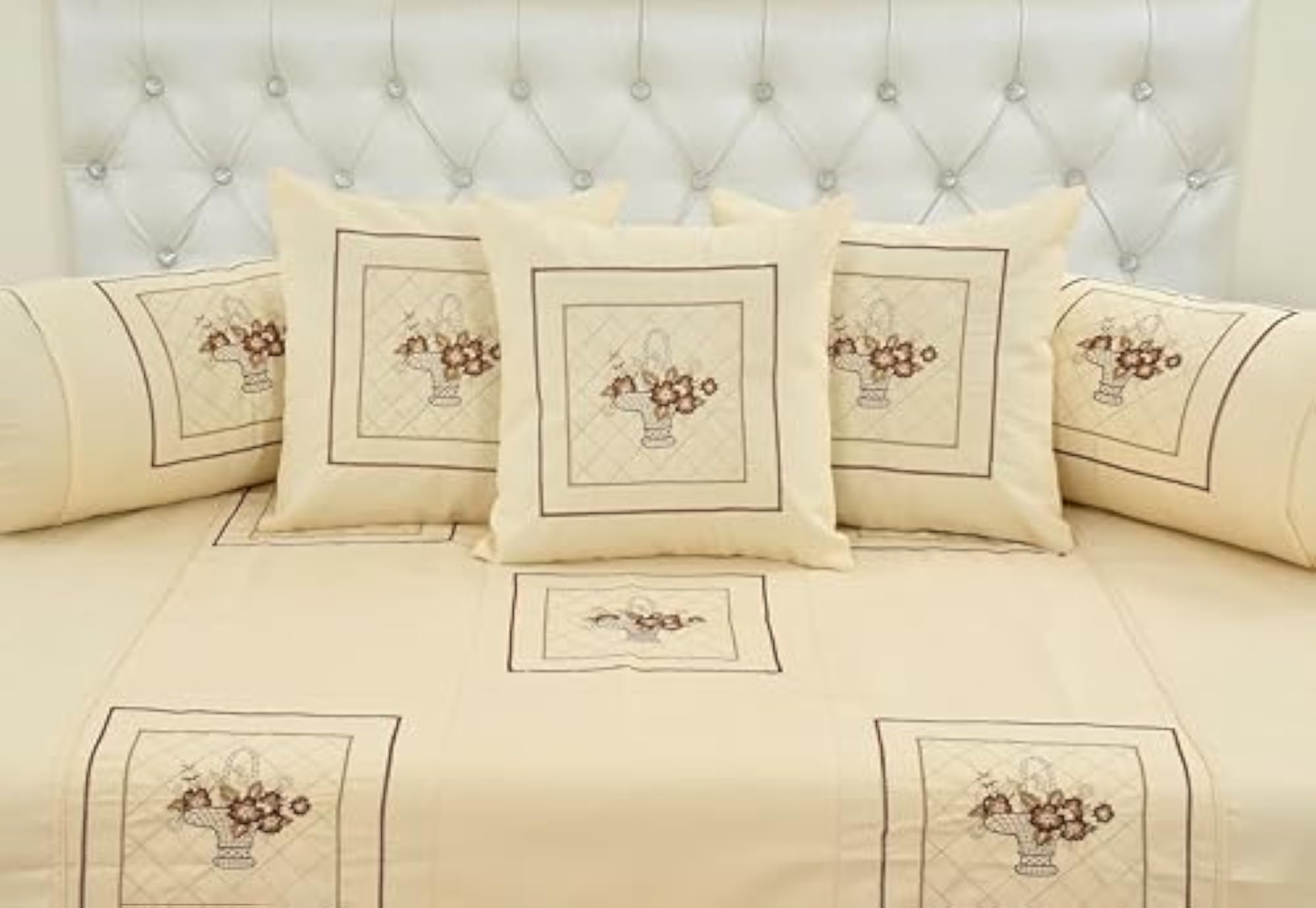 Designer Embroidered 8pcs Diwan Set with Cream Flower Design
