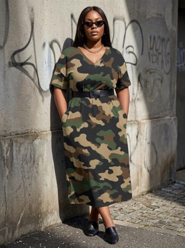 Image of Plus Size Maxi Dress for Women Short Sleeve V Neck Casual Loose Sundress with Pockets