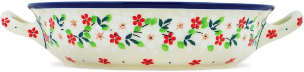 Polmedia Polish Pottery Round Baker with Handles UNIKAT - Festive Mistletoe Pattern Handmade in Boleslawiec Poland by Ceramika Artystyczna + Certificate of Authenticity
