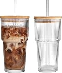 ALINK 2 Pack 20 oz Ribbed Glass Cups Tumblers with Bamboo Lids and Straws,Glassware Set Thickened Glass, Ideal for Iced Coffee,Cocktails,Juices Mason Jar Drinking Glasses