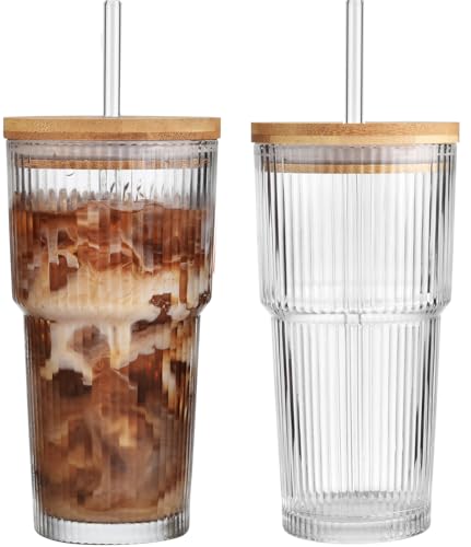 ALINK 20 oz Ribbed Glass Tumblers with Bamboo Lids and Straws, 2 Pack Glassware Set, Thickened Glass, Ideal for Iced Coffee, Smoothies, Cocktails,Juices – Elegant Durable Drinkware