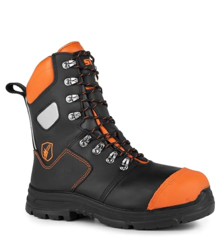 STC - STC Footwear Battler, 8" Arborist Chainsaw Safety Work Boots, Black and Orange - CSA Class 3, Breathable Waterproof Membrane, Size 10