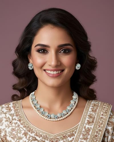 Image of Mansiyaorange Statement AD CZ American Diamond Cubic Zerconia Pearl Necklace Set | Gold Plated Chunky Fashion Jewelry for Women & Girls