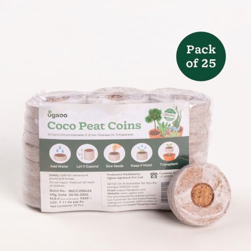 Image of UGAOO Coco Peat Coins for Seed Germination (Pack of 25) | 40mm Netted Coco Coir Pellets | Expands 6-7X | Seed Starter Plugs for Vegetables, Herbs, Flowers & Hydroponics