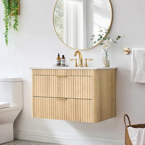 ELVANORA 30" Floating Bathroom Vanity with Sink, Wall Mounted Wood-Finished Oak Grain Cabinet, Fluted Panel Design, Ceramic Basin with 3 Pre-Drilled Faucet Holes (4-Inch Spacing), Easy Assembly
