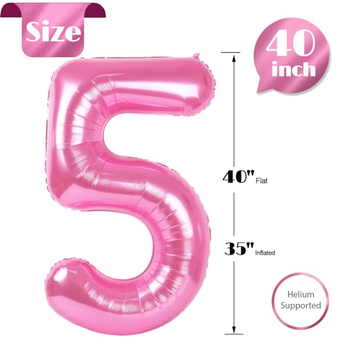Image of Pink Number 5 Balloon 40 Inch, 5th Birthday Party Decorations, Giant 5 Foil Balloon for Party Supplies