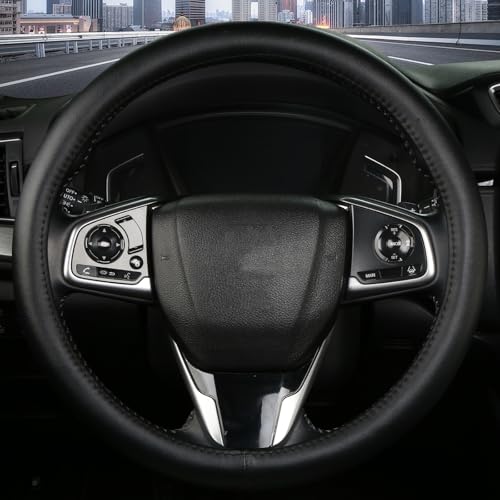 Leather Steering Wheel Cover, Anti-Slip, Safety, Soft, Breathable, Adaptable to 14.5-15 inches Steering Wheel Fit SUV Jeep Van Sedan, Car Steering Wheel Protector for Women Men,Classic Black