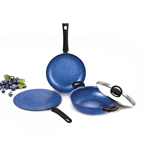 Alda Non Stick Cookware Set 4-Piece (Wok with Lid, Fry Pan, Crepe Pan) - Blueberry 3mm Induction Friendly