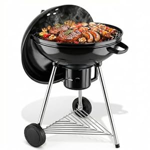 TLSUNNY Kugelgrill Ø 57 cm, Holzkohlegrill/Porzellanema... Deckel und Kessel, 55 cm Grillfläche, H97 cm, Grill Holzkohle für Camping, mit abnehmbaren Aschekasten, Dreibein-Ständer und 2PCS Räder