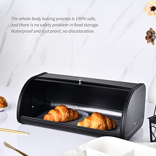 Stainless Steel Bread Box With Roll Up Lid, For Easy Kitchen Counter Storage, Bread Bin Holder,17.5X11.5X7.5 Inch, Matte Black #TOP6
