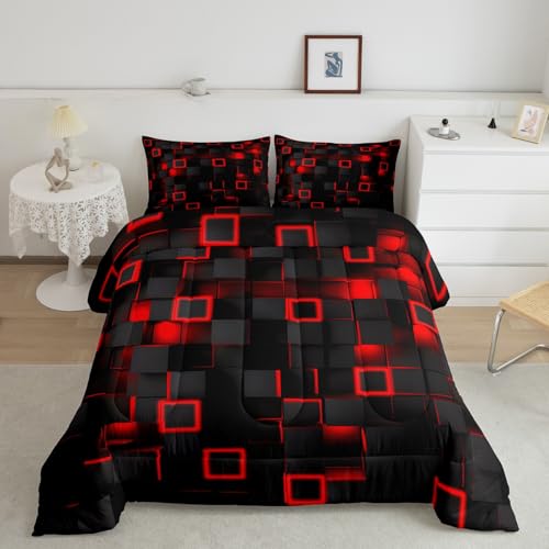Feelyou Red and Black Bedding Set King Size Light Geometric Comforter Set