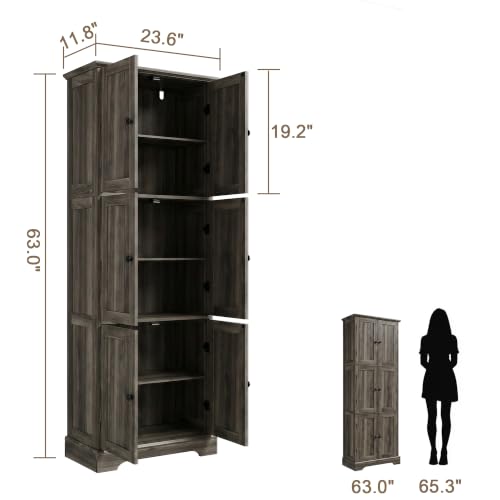 ChooChoo Tall Bathroom Storage Cabinet with 6 Doors, Freestanding Floor Cabinet with Adjustable Shelves, Rustic Weathered Gray Pantry Cabinet for Bathroom, Kitchen, Laundry Room - Image 3