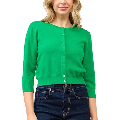 Image of Women's Cropped Cardigan 3 /4 Sleeve Crewneck Button Up Sweater Knit Top (S~XL)