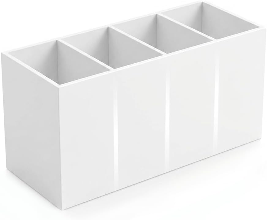 4 Compartment White Acrylic Pen Holder for Desk, Large Desktop Organizer & Pencil Cup, Makeup Brush Holder for Countertop, Multi-functional Pen Pencil Brushes Holders Caddy (Opaque White)