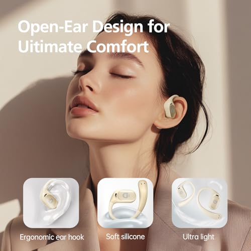 Yistao Open Ear Headphones with 35 Hours Playtime, True Wireless Air Conduction Earbuds Featuring Ear Hooks, Bluetooth 5.3, IPX6 Waterproof Design, Comfortable and Secure Fit for Sports - Beige