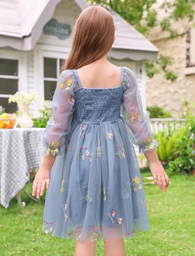 IDOPIP Toddler Baby Girls Long Sleeve Dress Dusty Blue Floral 3-4 Years — view 3