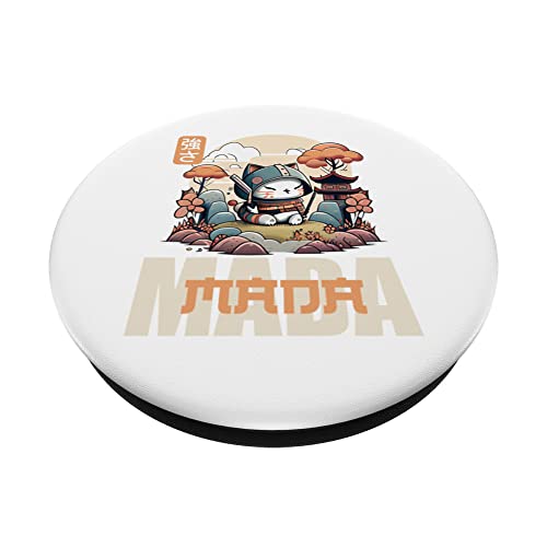 Mada Mada Kawaii Kitten Samurai Print for Young Anime Lover PopSockets Swappable PopGrip, Black - Image 2