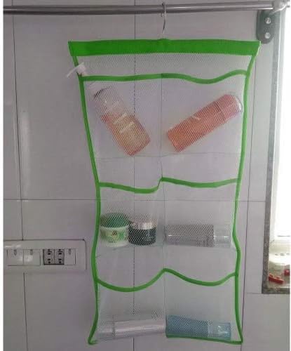 NANAN Quick Dry Hanging Bath Organizer with 6 Pockets, Hang on Shower Curtain Rod/Liner Hooks, Shower Organizer, Mesh Shower Organizer, Bathroom Accessories (Green)