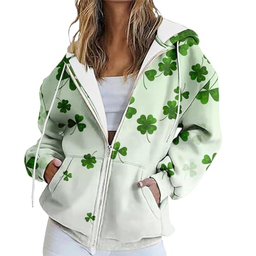 Women St Patrick's Day Sweatshirt Crew Neck Long Sleeve Zip Up Cardigan Hoodies Street Fashion Hiphop Boyfriend Style Pullover Jumper Ladies St.Patricks Day Oversized Tops (White, XL)
