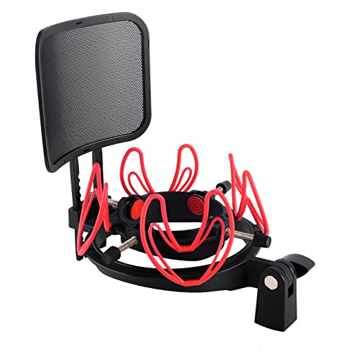 SUUNTOK Microphone Shock Mount with Pop Filter Universal Shock Stand for Microphones Size at 21-62mm Anti-Vibration Mic Holder Clip Compatible with AT2020 MXL 990 770 Rode NT1-A Neumann 103(Red) - Thumbnail 3