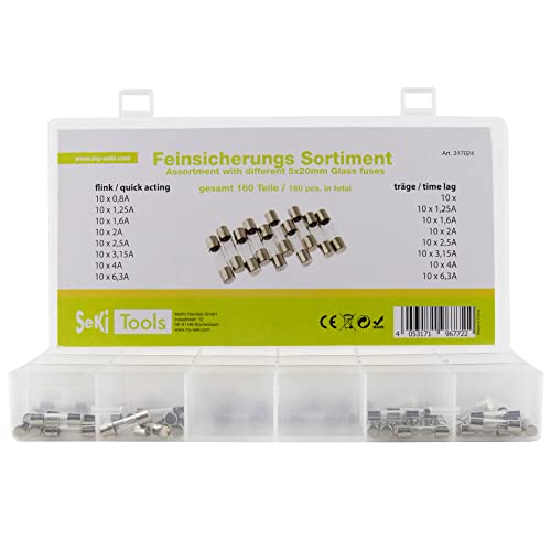 SeKi Glassicherung 160 Teile Feinsicherung 5x20 Sortiment 160-teilig 16 Typen Flink + 8X Träge 0,8A, 1,25A, 1,6A, 2A, 2,5A, 3,15A, 4A und 6,3A Sicherung, Box